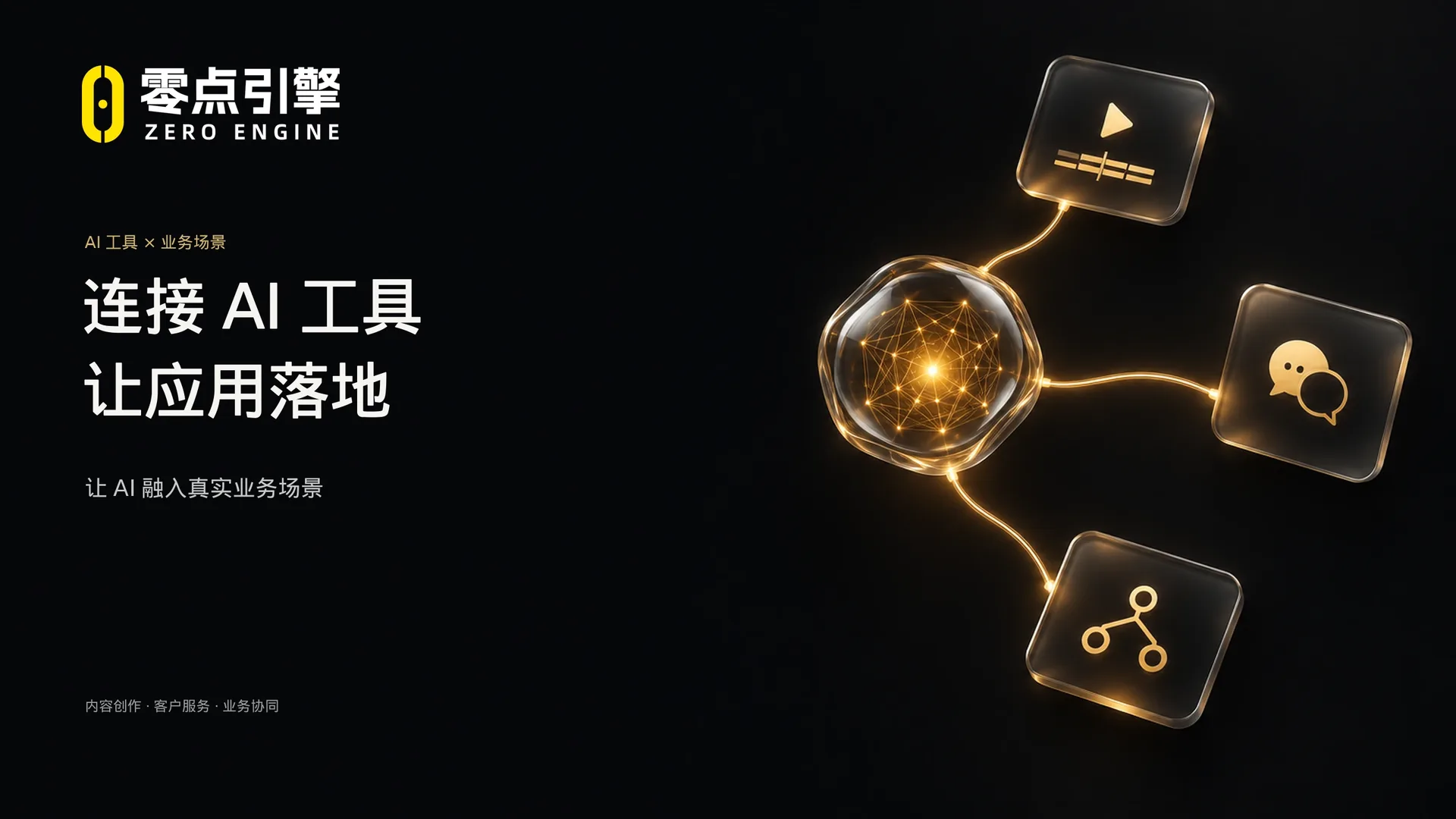 零点引擎品牌主视觉完整海报：连接 AI 工具，让应用落地；金色光网玻璃球核与三块工具面板相连